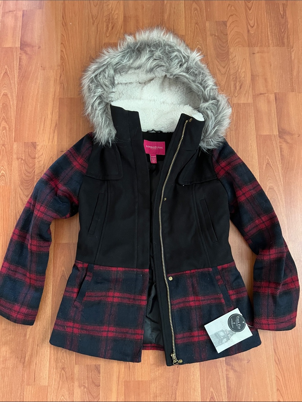 London Fog Girls Black Coat with Red Plaid Accents and Faux Fur Hood